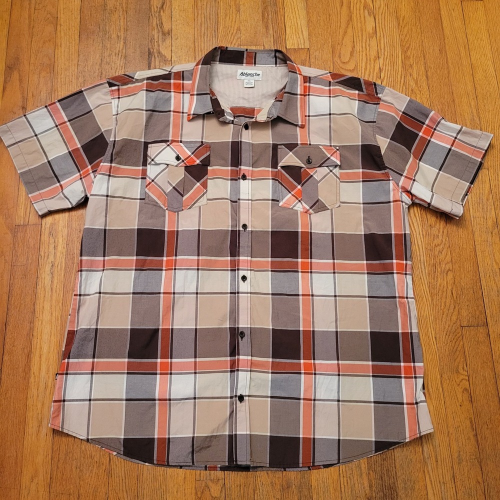 Ablanche 6XL Button Front Shirt Brown Orange Plaid Short Sleeve Big Tall Urban